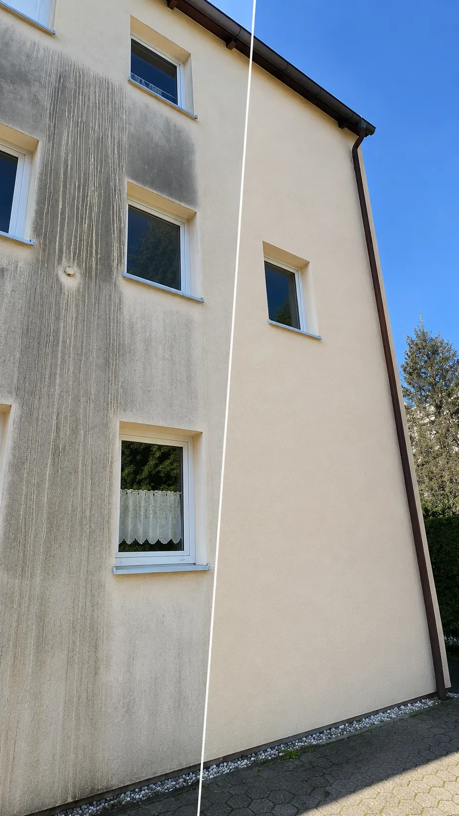 Vorher-Nachher-Vergleich einer gereinigten Gebäudefassade in München