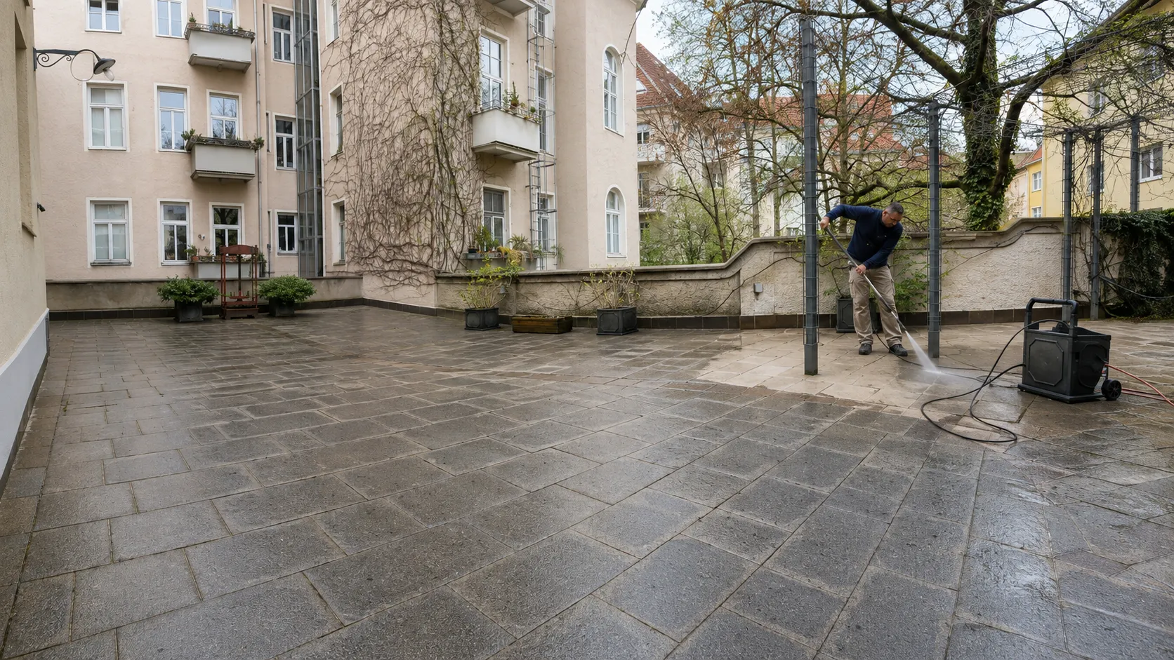 Mitarbeiter bei der Hochdruckreinigung eines Innenhofs in München