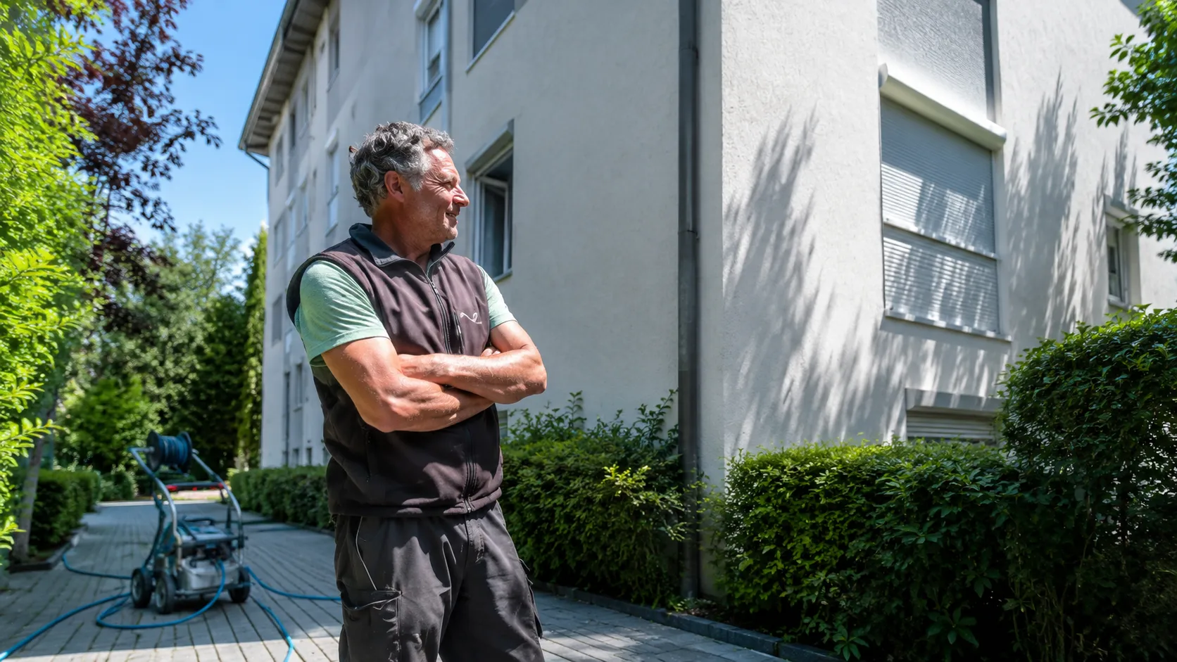 Mitarbeiter von Badige vor einem gepflegten Gebäude in München